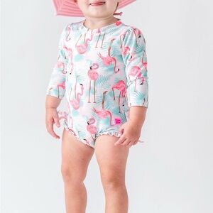Ruffle Butts Pink Flamingo Print One-Piece Swim Suit - Pink/Mint